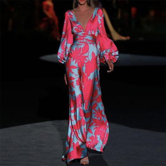 2025 New Cross-Border Amazon European and American Clothing Dress Slim Lantern Sleeve Fashion Printed V Neck Long Skirt