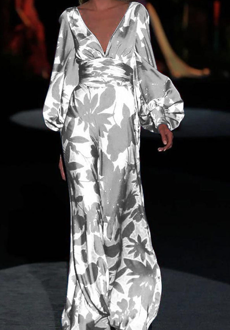 2025 Cross-Border Spring and Summer New European and American Fashion Printed Dress Sexy V Neck Waist Loose Long Skirt