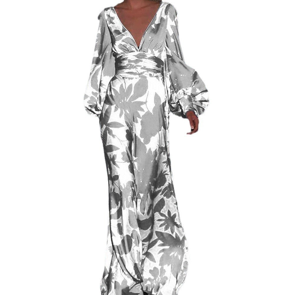 2025 New Cross-Border Amazon European and American Clothing Dress Slim Lantern Sleeve Fashion Printed V Neck Long Skirt