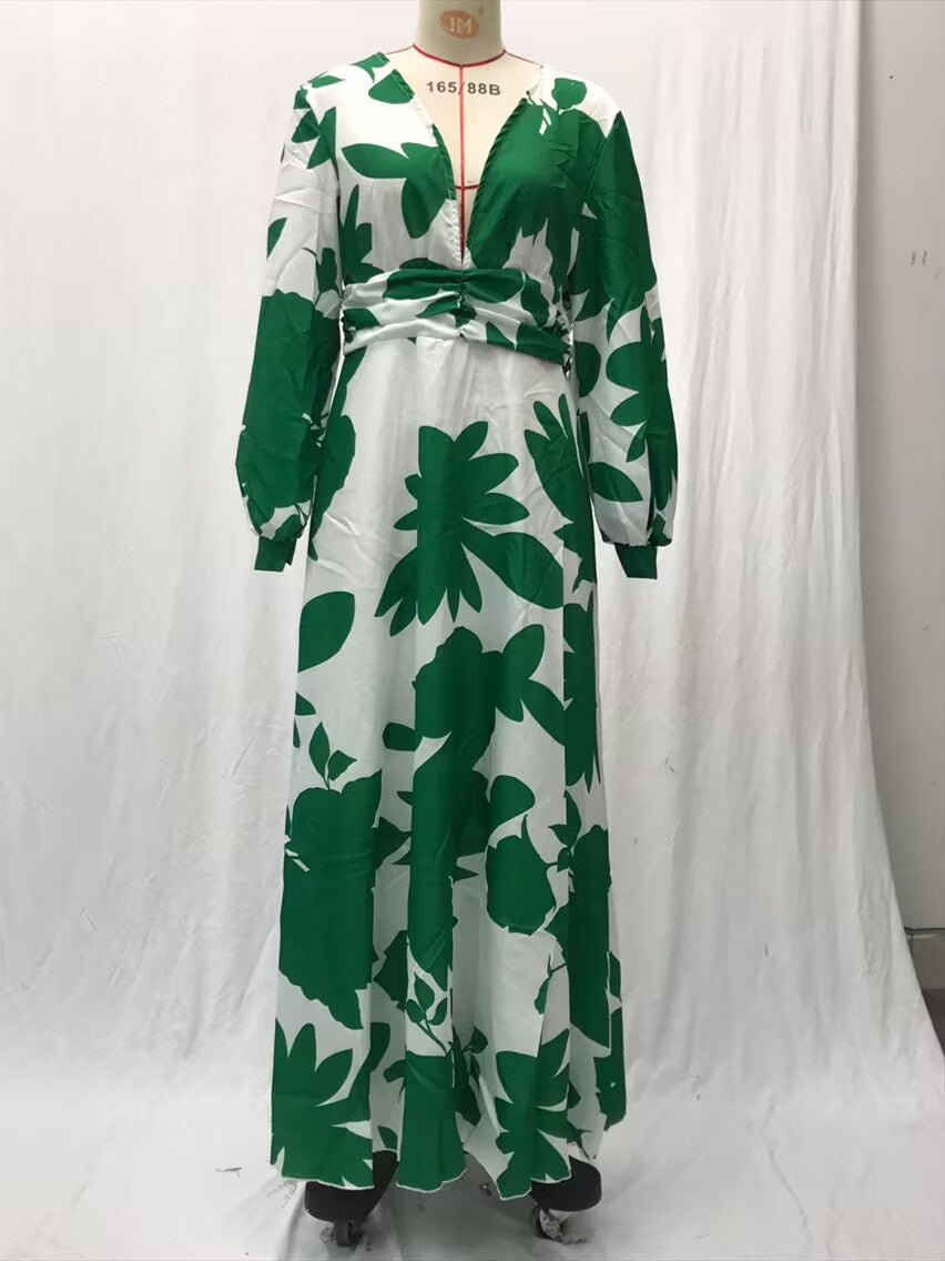 2025 Cross-Border Spring and Summer New European and American Fashion Printed Dress Sexy V Neck Waist Loose Long Skirt