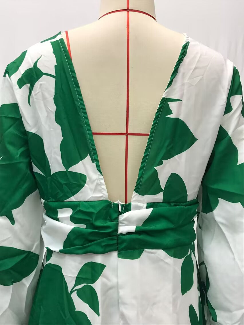2025 Cross-Border Spring and Summer New European and American Fashion Printed Dress Sexy V Neck Waist Loose Long Skirt