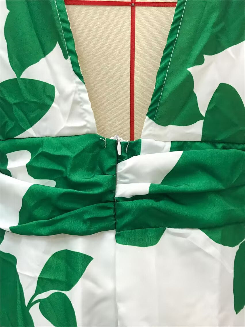2025 New Cross-Border Amazon European and American Clothing Dress Slim Lantern Sleeve Fashion Printed V Neck Long Skirt