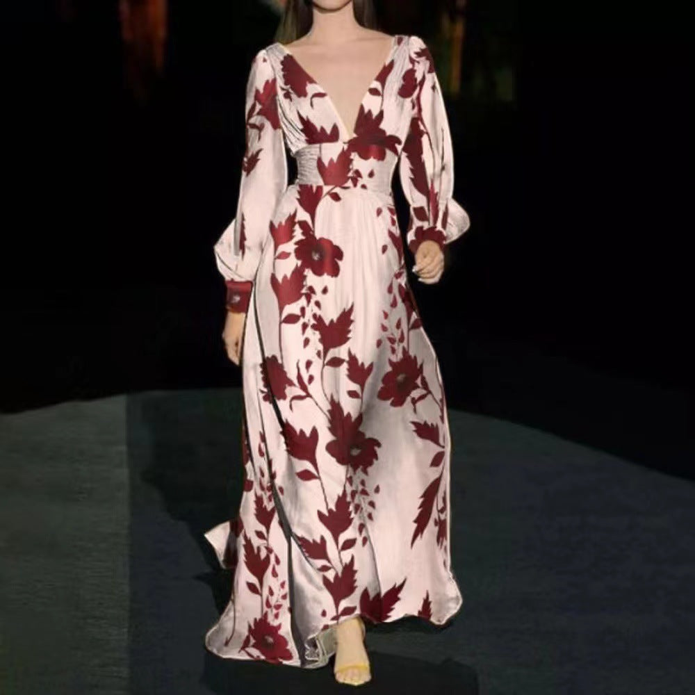 2025 Cross-Border Spring and Summer New European and American Fashion Printed Dress Sexy V Neck Waist Loose Long Skirt