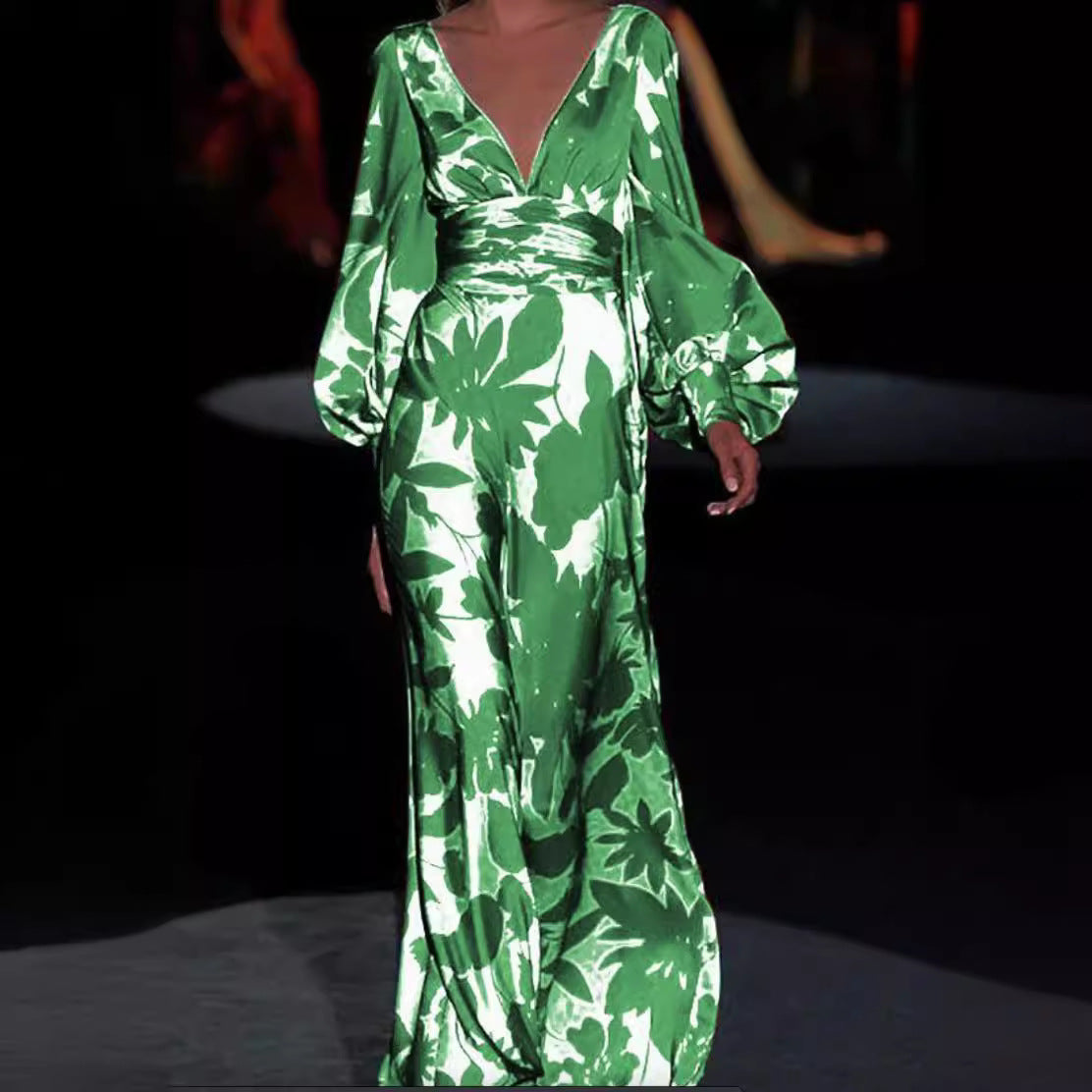 2025 Cross-Border Spring and Summer New European and American Fashion Printed Dress Sexy V Neck Waist Loose Long Skirt