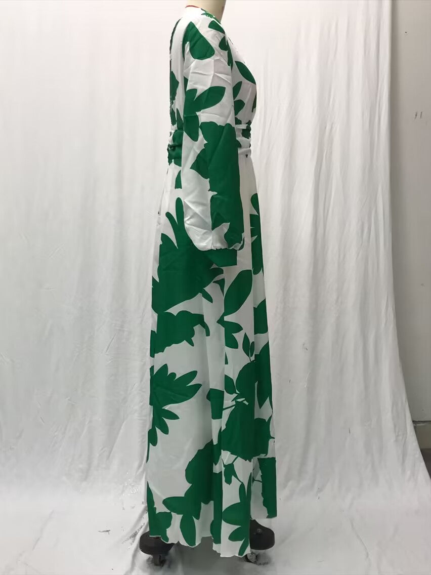 2025 New Cross-Border Amazon European and American Clothing Dress Slim Lantern Sleeve Fashion Printed V Neck Long Skirt