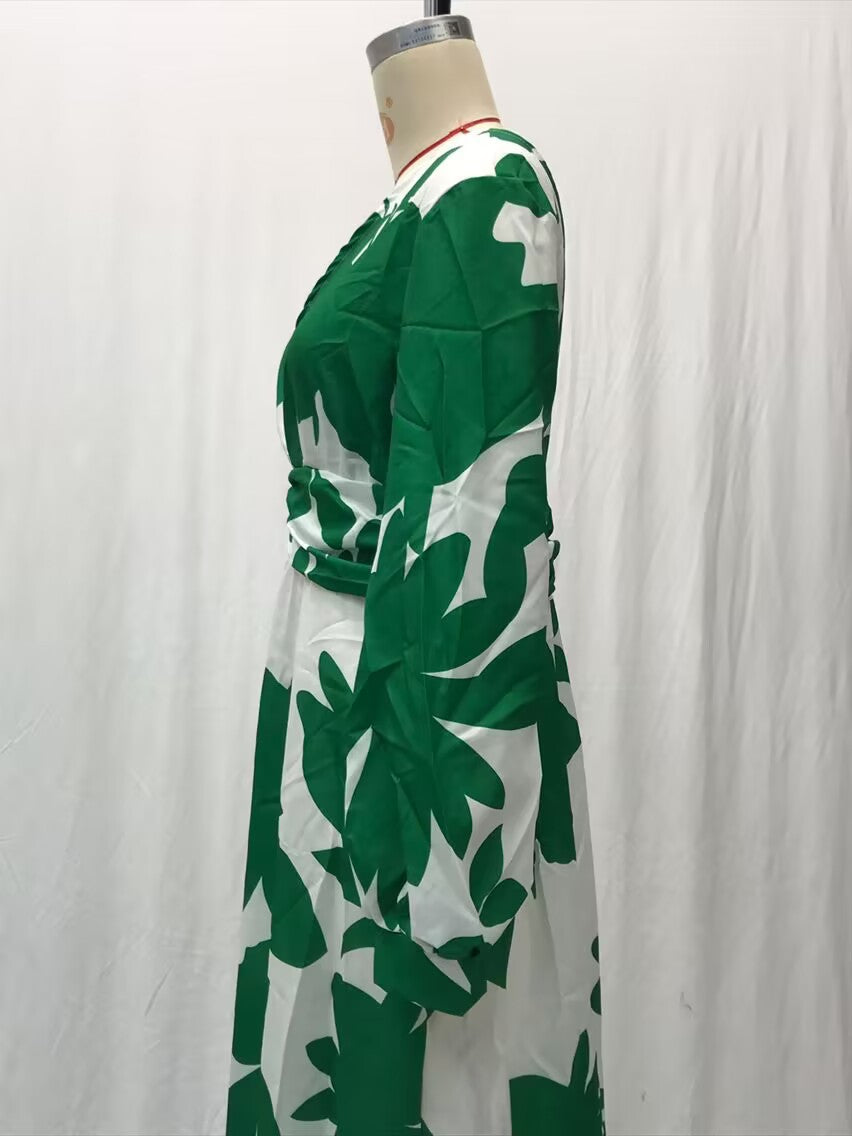 2025 Cross-Border Spring and Summer New European and American Fashion Printed Dress Sexy V Neck Waist Loose Long Skirt