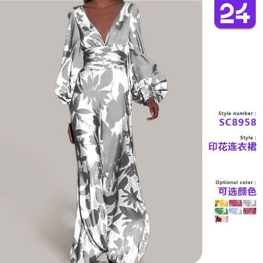 2025 New Cross-Border Amazon European and American Clothing Dress Slim Lantern Sleeve Fashion Printed V Neck Long Skirt