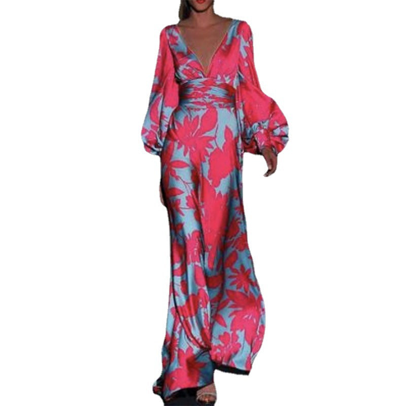 2025 Cross-Border Spring and Summer New European and American Fashion Printed Dress Sexy V Neck Waist Loose Long Skirt
