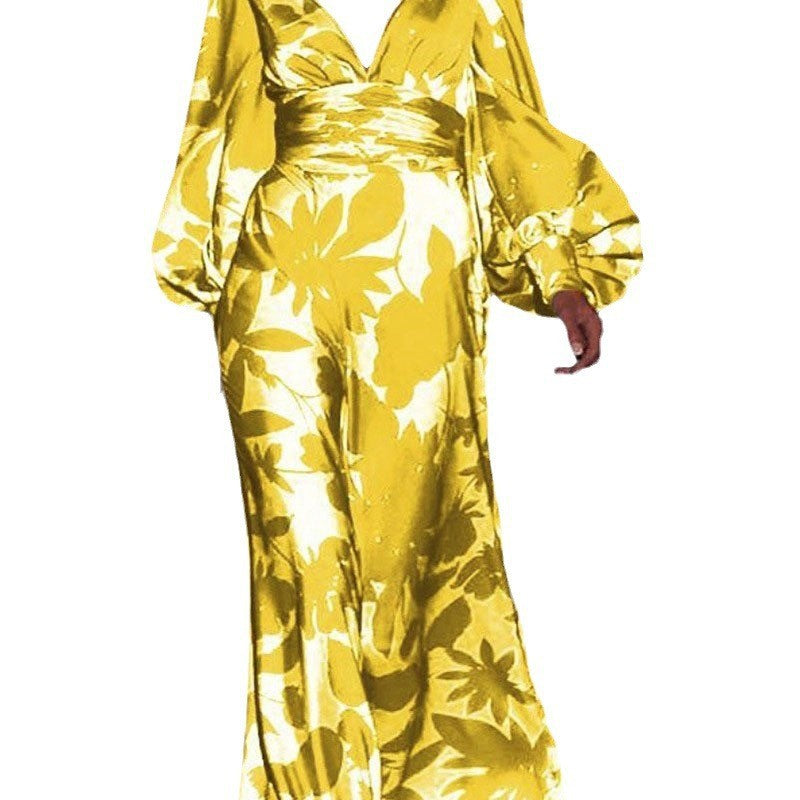 2025 New Cross-Border Amazon European and American Clothing Dress Slim Lantern Sleeve Fashion Printed V Neck Long Skirt
