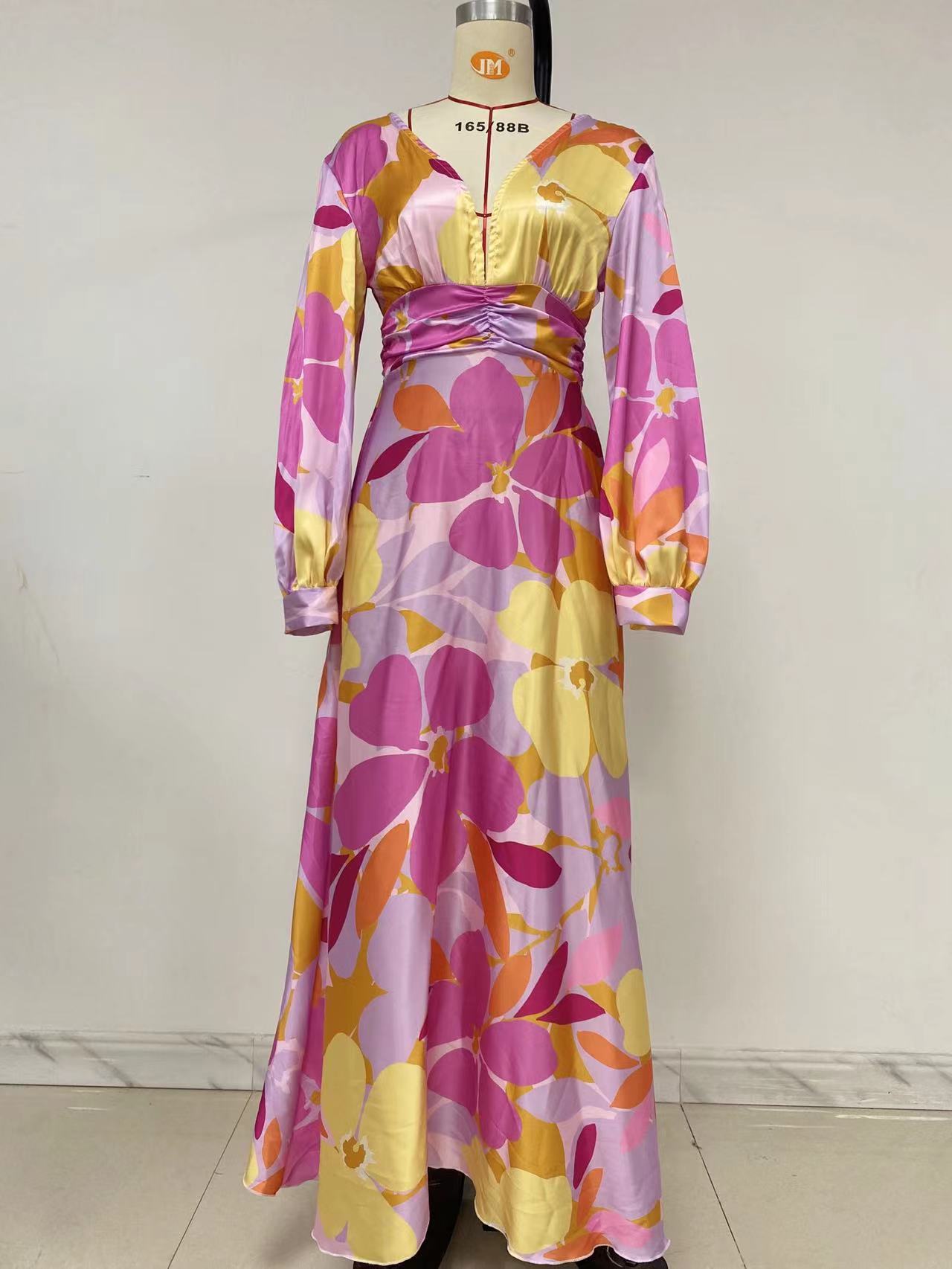 2025 New Cross-Border Amazon European and American Clothing Dress Slim Lantern Sleeve Fashion Printed V Neck Long Skirt