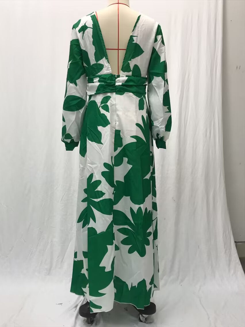 2025 Cross-Border Spring and Summer New European and American Fashion Printed Dress Sexy V Neck Waist Loose Long Skirt