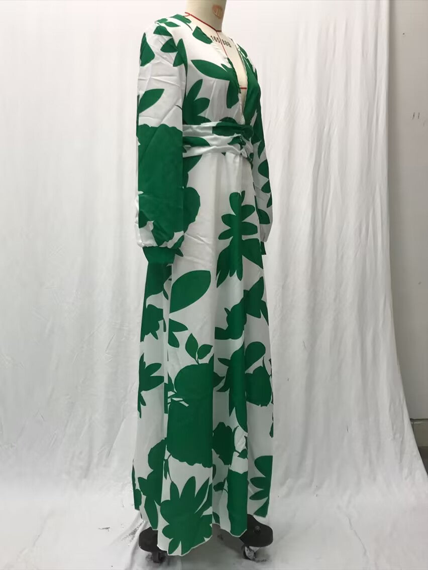 2025 Cross-Border Spring and Summer New European and American Fashion Printed Dress Sexy V Neck Waist Loose Long Skirt