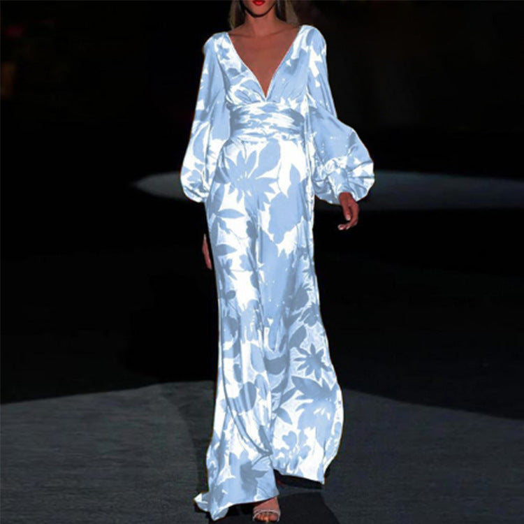 2025 Cross-Border Spring and Summer New European and American Fashion Printed Dress Sexy V Neck Waist Loose Long Skirt