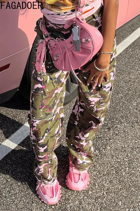 FAGADOER Pink Camouflage Print Pants Women Y2K Streetwear Button Pocket patchwork Straight Pants Hot girl Bottoms 2025