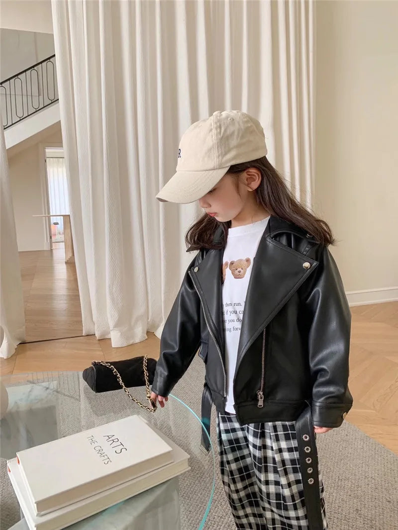 Autumn Girls Coat Waterproof And Stain Resistant Artificial Leather Fashion Zipper Jacket For 2-8 Years Girl Children Outdoor