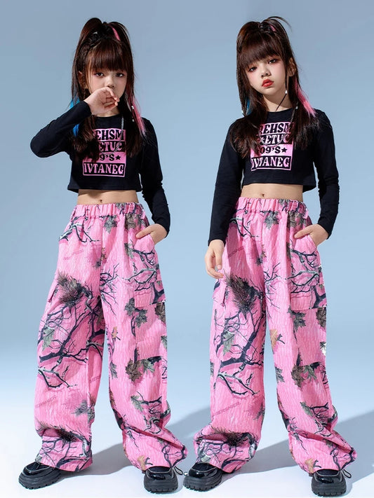 Kids Modern Hip Hop Dance Costumes For Girls Black Crop Tops Loose Pants Suit Children Jazz Dance Performance Clothes DQS15809