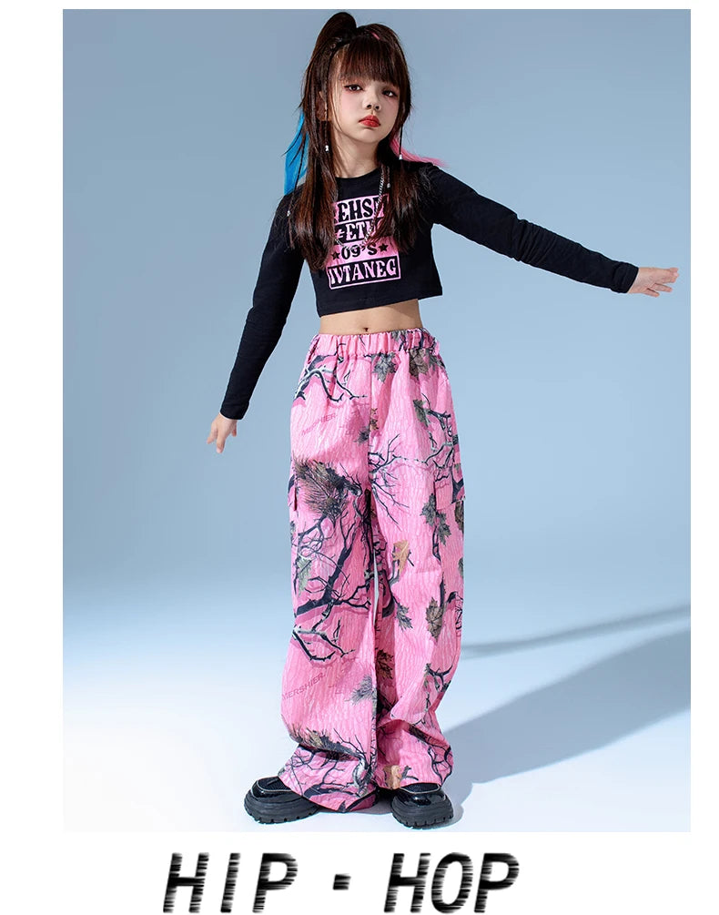 Kids Modern Hip Hop Dance Costumes For Girls Black Crop Tops Loose Pants Suit Children Jazz Dance Performance Clothes DQS15809