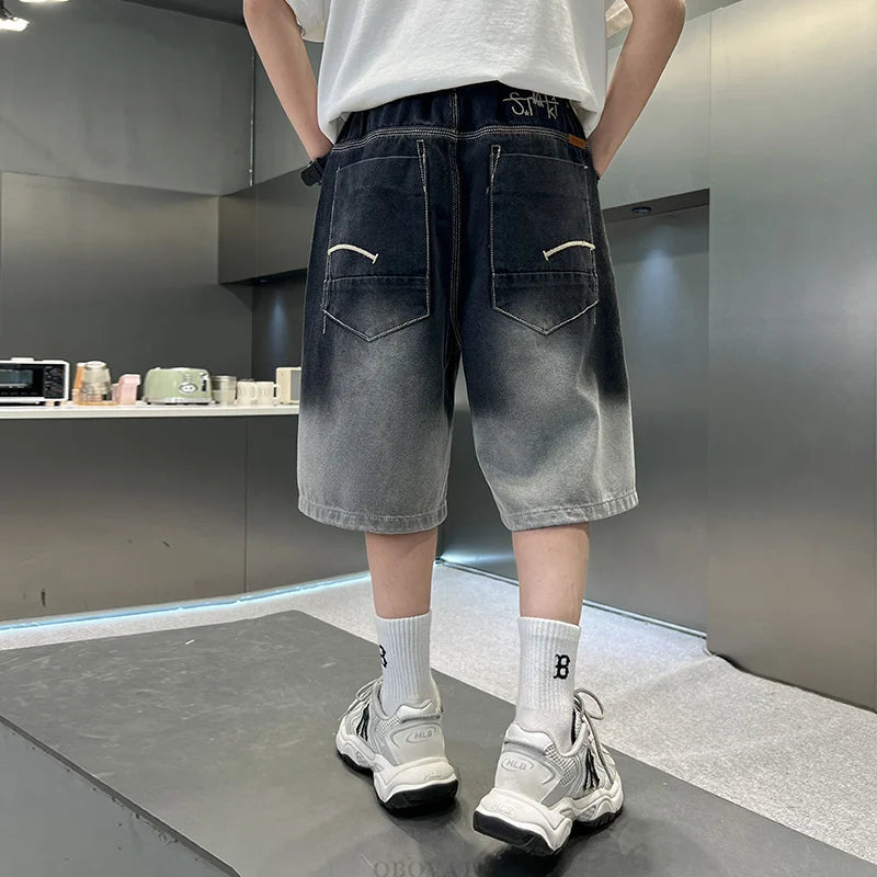 2025 New Summer Kids Designer Gradient Black Denim Shorts Tweens Boy Casual Straight Jeans Shorts For Child Age 5 6 8 10 12 14 T