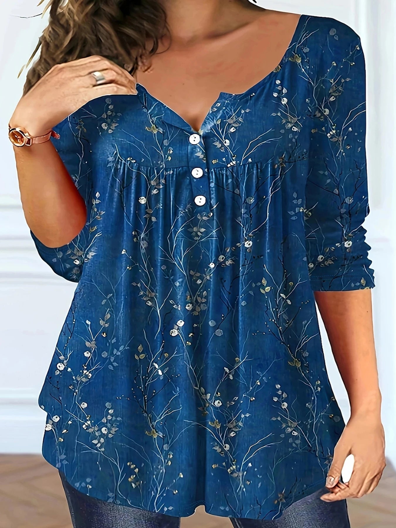 Plus Size Women's Spring and Autumn Long Sleeve Random Plant Print Button T-Shirt