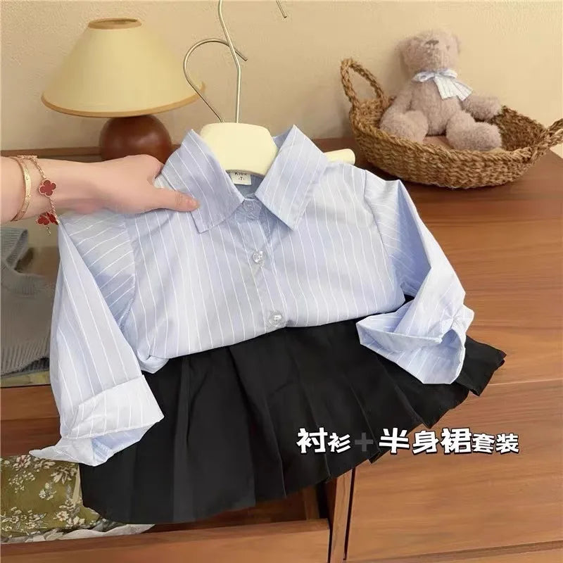 Girl Suit Korean Version of Baby Girl Autumn Knitted Vest Vest Blue Striped Shirt Pleated Skirt Three-piece Set Fashion