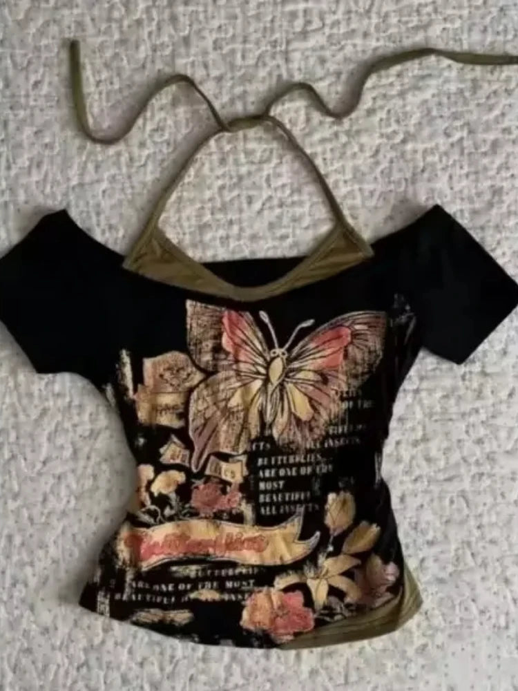 2000s Y2k Tops & Tees Women's T-shirt Print Sexy Punk Streetwear Shirt Gothic Blouse Casual Grunge T Shirts Crop Top 2025 Summer