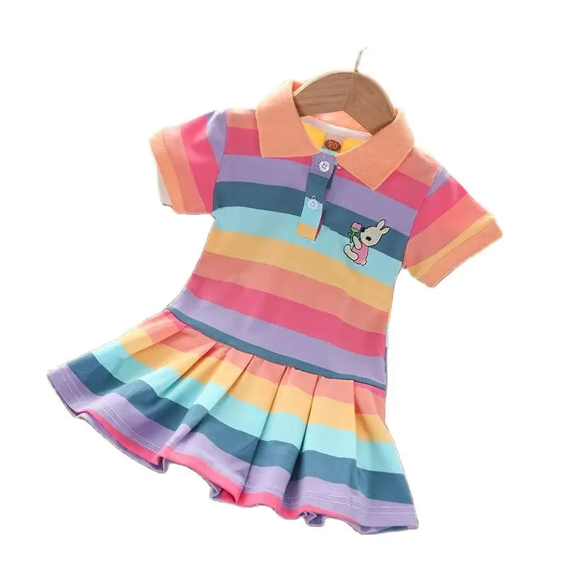 Girl's Summer fashion cute short sleeve  cartoon  rabbit embroidered rainbow strip baby girl princess dress