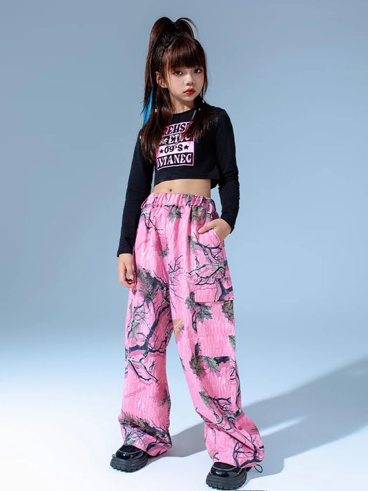 Kids Modern Hip Hop Dance Costumes For Girls Black Crop Tops Loose Pants Suit Children Jazz Dance Performance Clothes DQS15809