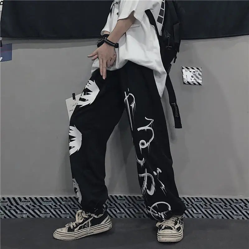 Black Japenese Printed Anime Y2k Sweatpants Male Streetwear Wide Leg Oversize Baggy Pants Casual Sport Causl Trousers Men 2023