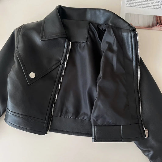 Two-piece Set for Girls Handsome Lapel Solid Leather Top + Solid Leather Pleated Skirt  Kids Clothes Girls  Toddler Girl Clothes