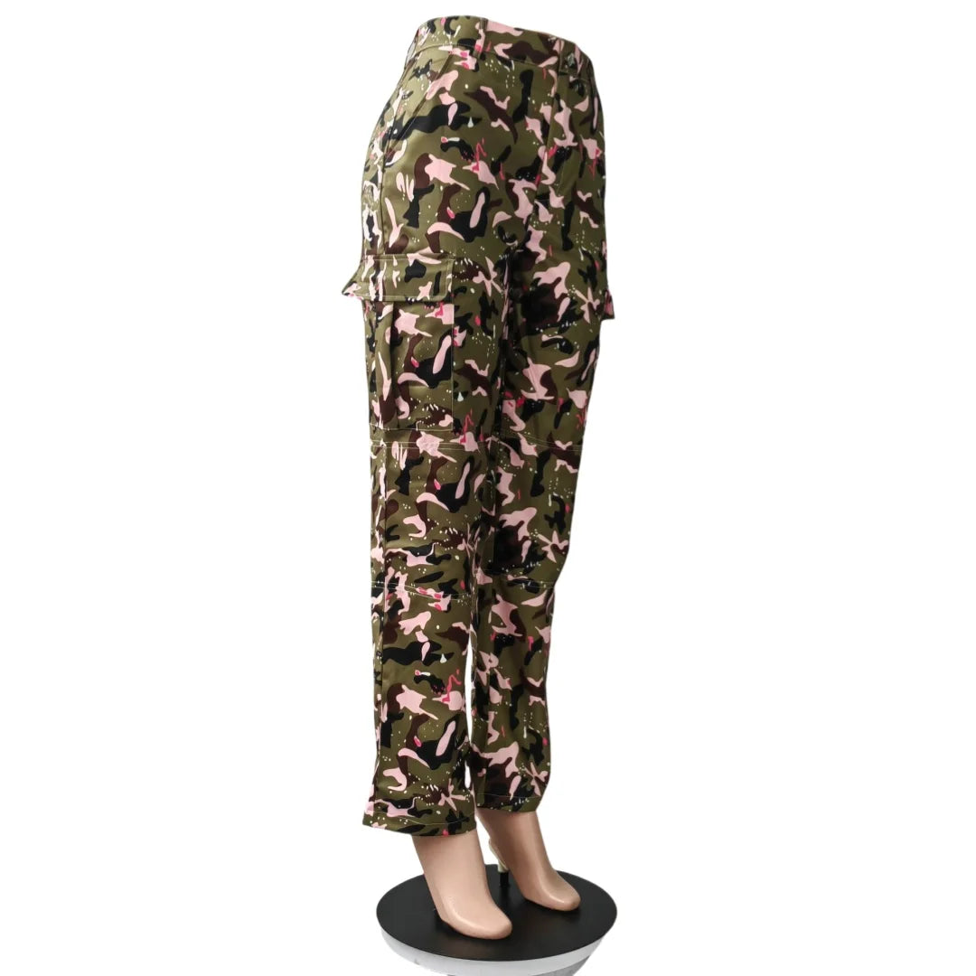 FAGADOER Pink Camouflage Print Pants Women Y2K Streetwear Button Pocket patchwork Straight Pants Hot girl Bottoms 2025