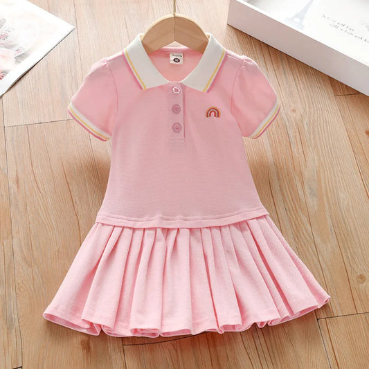 New Kids Girls Pink Dress Summer Short Sleeve Shirts Dresses for Baby Girls Rainbow Print Pleated Dress Children's Clothes 2-10Y