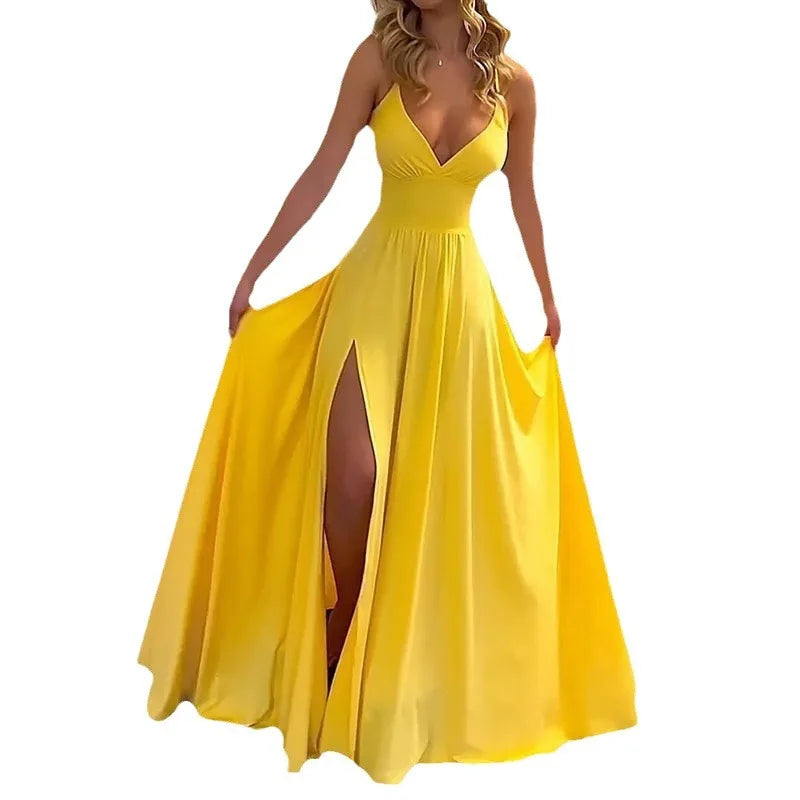 Women Sexy Spaghetti Strap V Neck Dresses Hollow Out Sleeveless Side Split Evening Dress Elegant Solid High Waist Pleat Vestidos