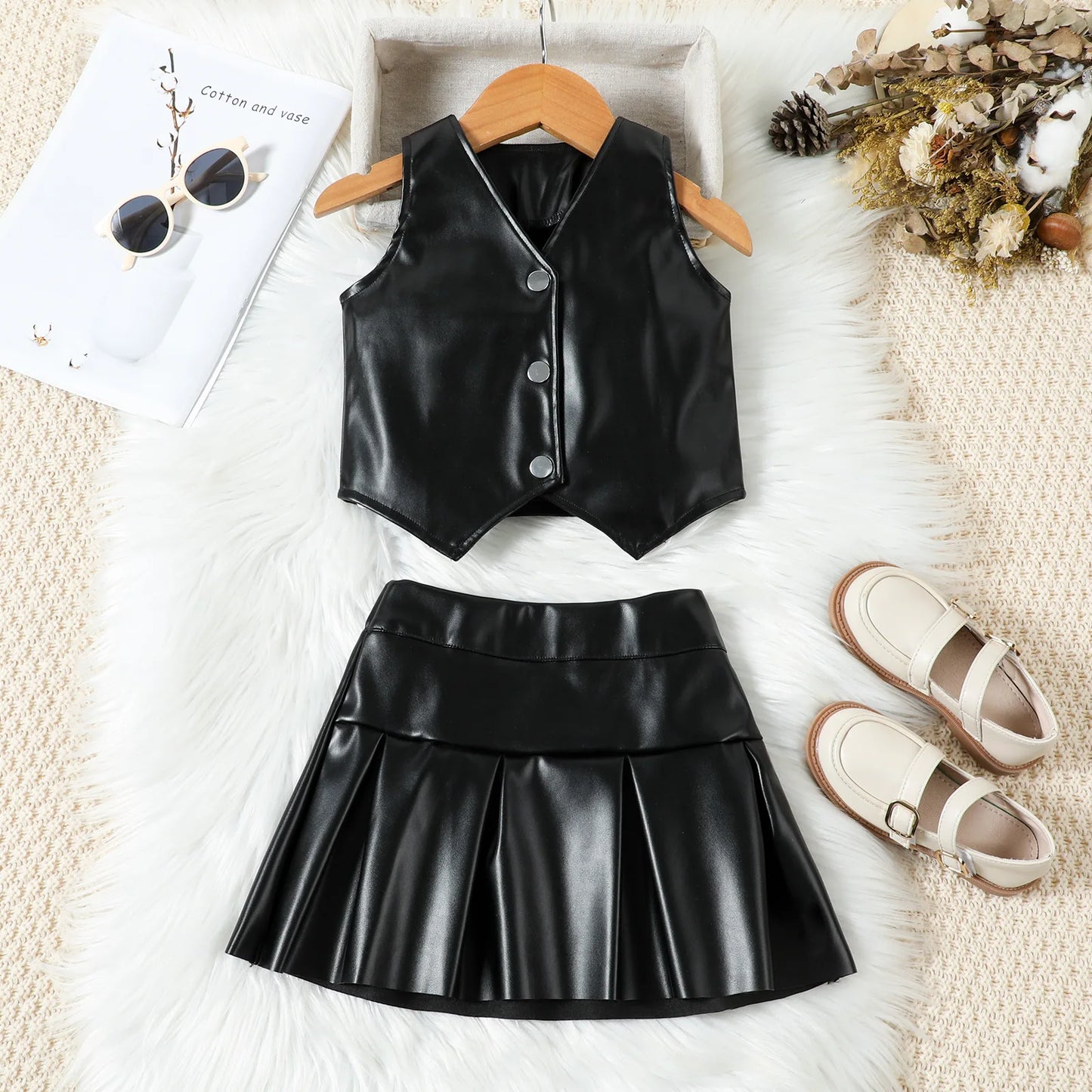 Autumn Fashion Cool Girls' Clothes Set V-Neck Pu Leather Vest Jacket With Pleated Skirt Two-Piece Set For Children's Clothing