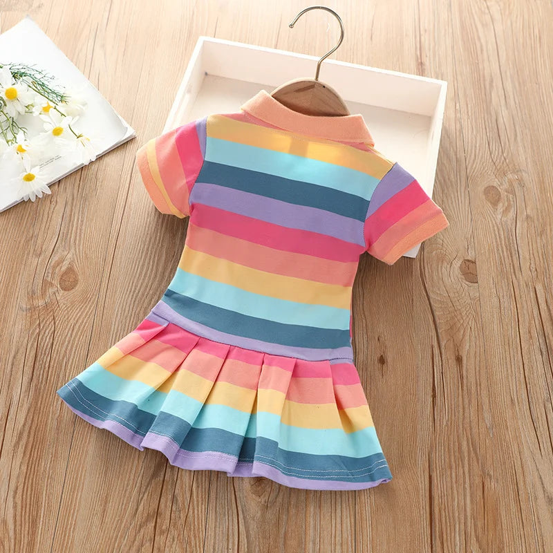 Girl's Summer fashion cute short sleeve  cartoon  rabbit embroidered rainbow strip baby girl princess dress