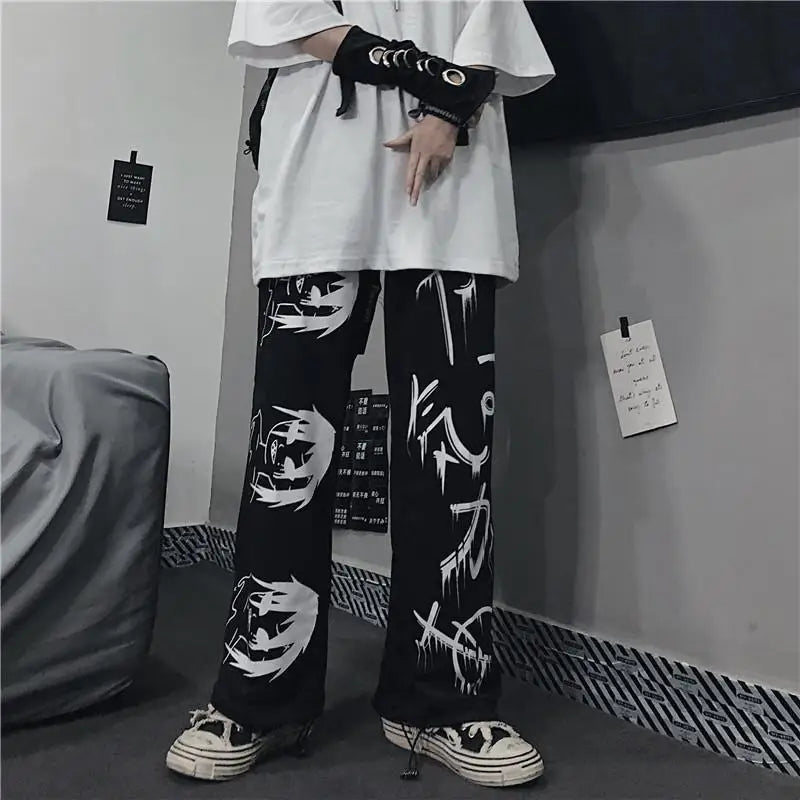 Black Japenese Printed Anime Y2k Sweatpants Male Streetwear Wide Leg Oversize Baggy Pants Casual Sport Causl Trousers Men 2023