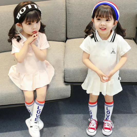 Campus Style Girl Kids Short Sleeved Dress Cute Cartoon Print Solid Toddler Princess Dress Cotton Soft Children Mini Skirt