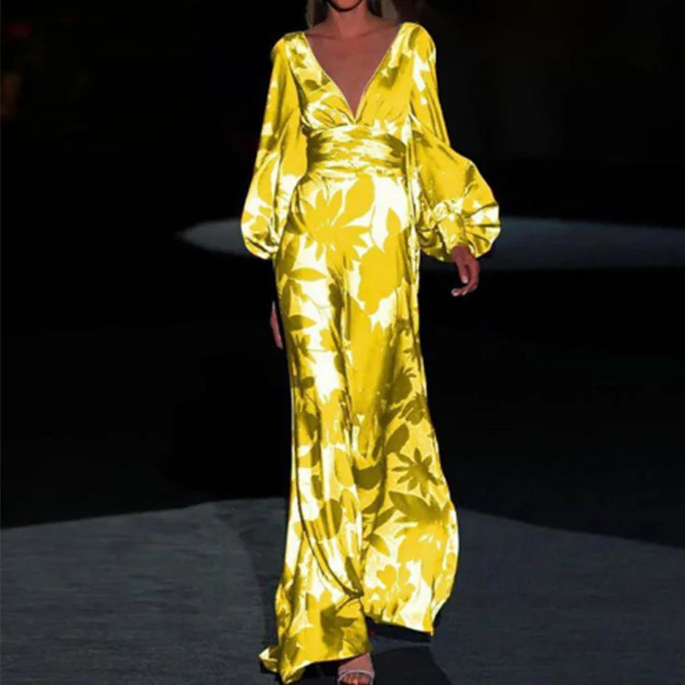 Dress Women spring/summer v-neck floral printing long lantern sleeve fashion Dresses Casual Vestidos dropshipping GHH21553