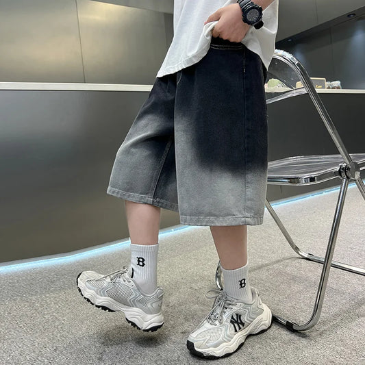 2025 New Summer Kids Designer Gradient Black Denim Shorts Tweens Boy Casual Straight Jeans Shorts For Child Age 5 6 8 10 12 14 T