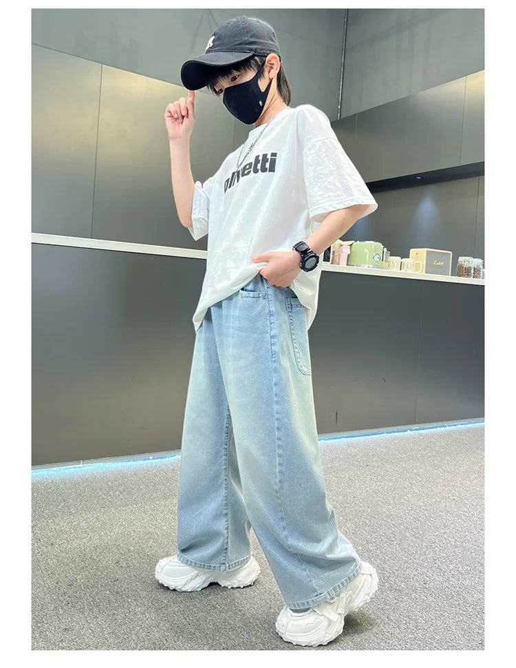 Kids Stylish Loose Straight Summer Patchwork Jeans for Tweens Boy Relaxed Fit Denim Pants Child Light Blue Washed Jeans Trousers