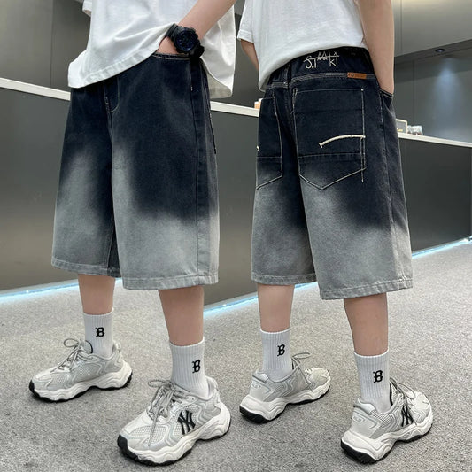 2025 New Summer Kids Designer Gradient Black Denim Shorts Tweens Boy Casual Straight Jeans Shorts For Child Age 5 6 8 10 12 14 T