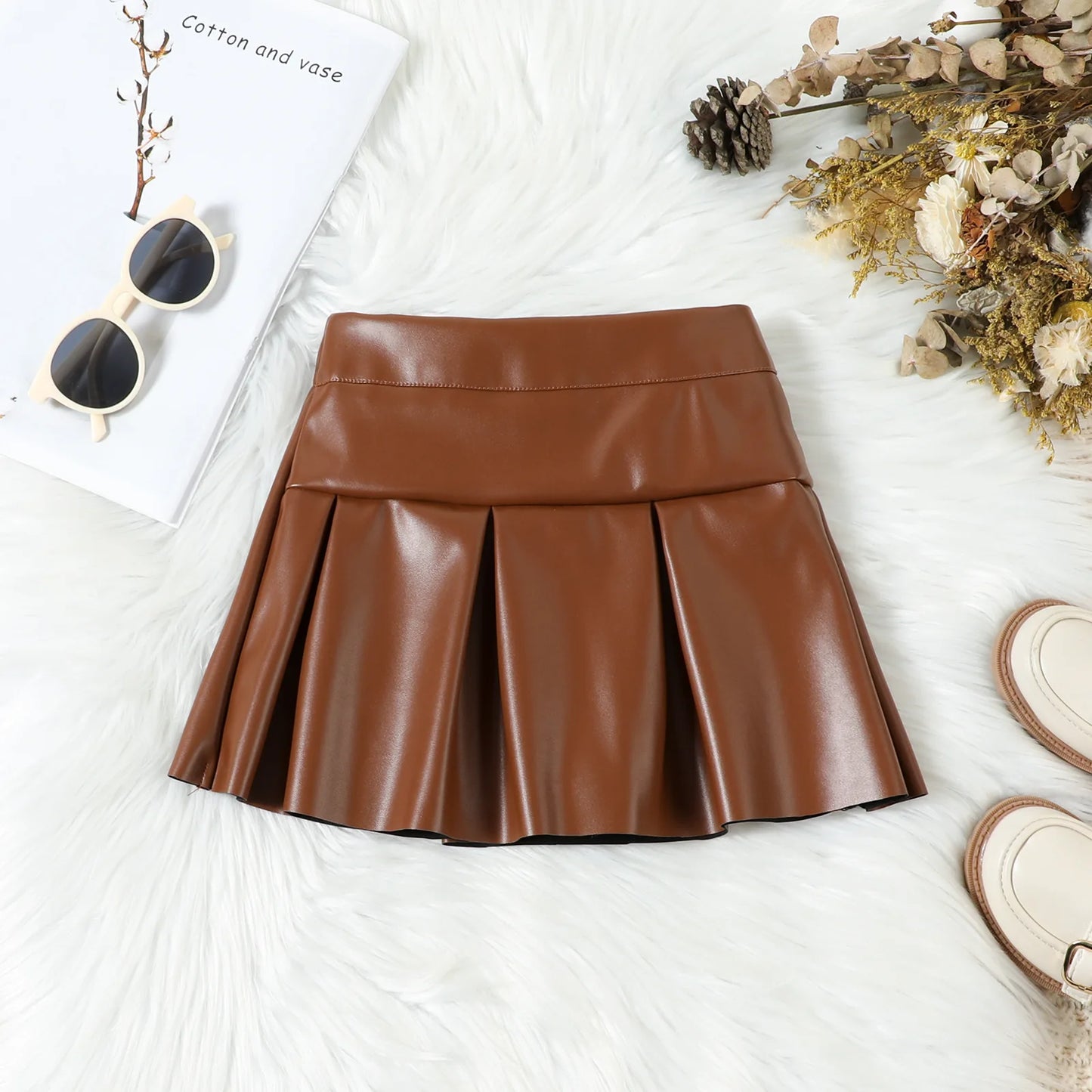 Autumn Fashion Cool Girls' Clothes Set V-Neck Pu Leather Vest Jacket With Pleated Skirt Two-Piece Set For Children's Clothing