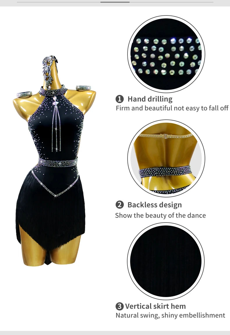 Black Latin Dress Women Stage Outfit Line Dance Costume 2025 New Sexy Girl Prom Skirt Kid Party Suit  Evening Clothes Customized
