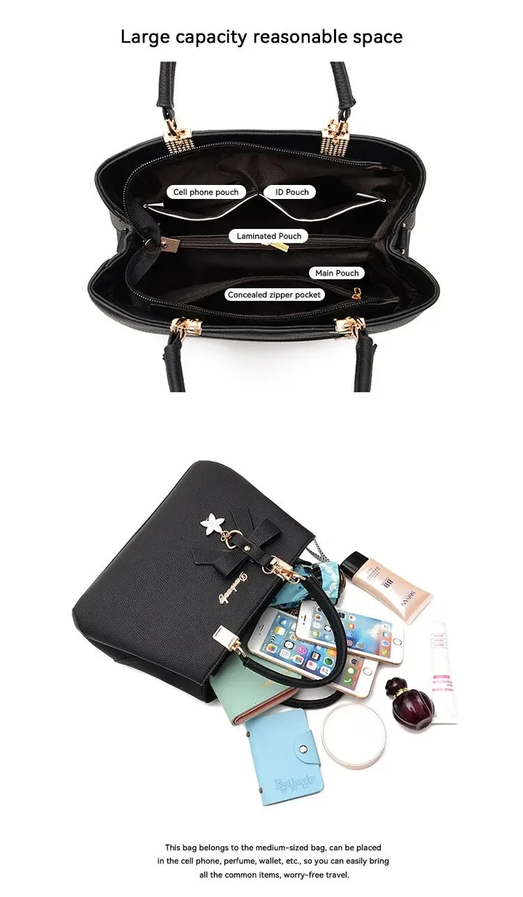 Fashion Solid Color With Bow One Shoulder Bag Portable Bandolera Casual Satchel Large Capacity Cross-body Handbag For Women