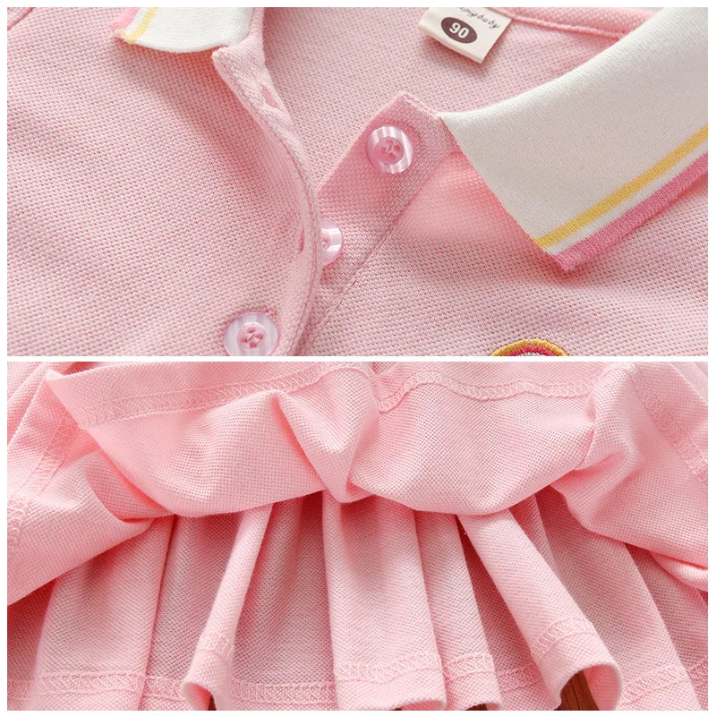 New Kids Girls Pink Dress Summer Short Sleeve Shirts Dresses for Baby Girls Rainbow Print Pleated Dress Children's Clothes 2-10Y