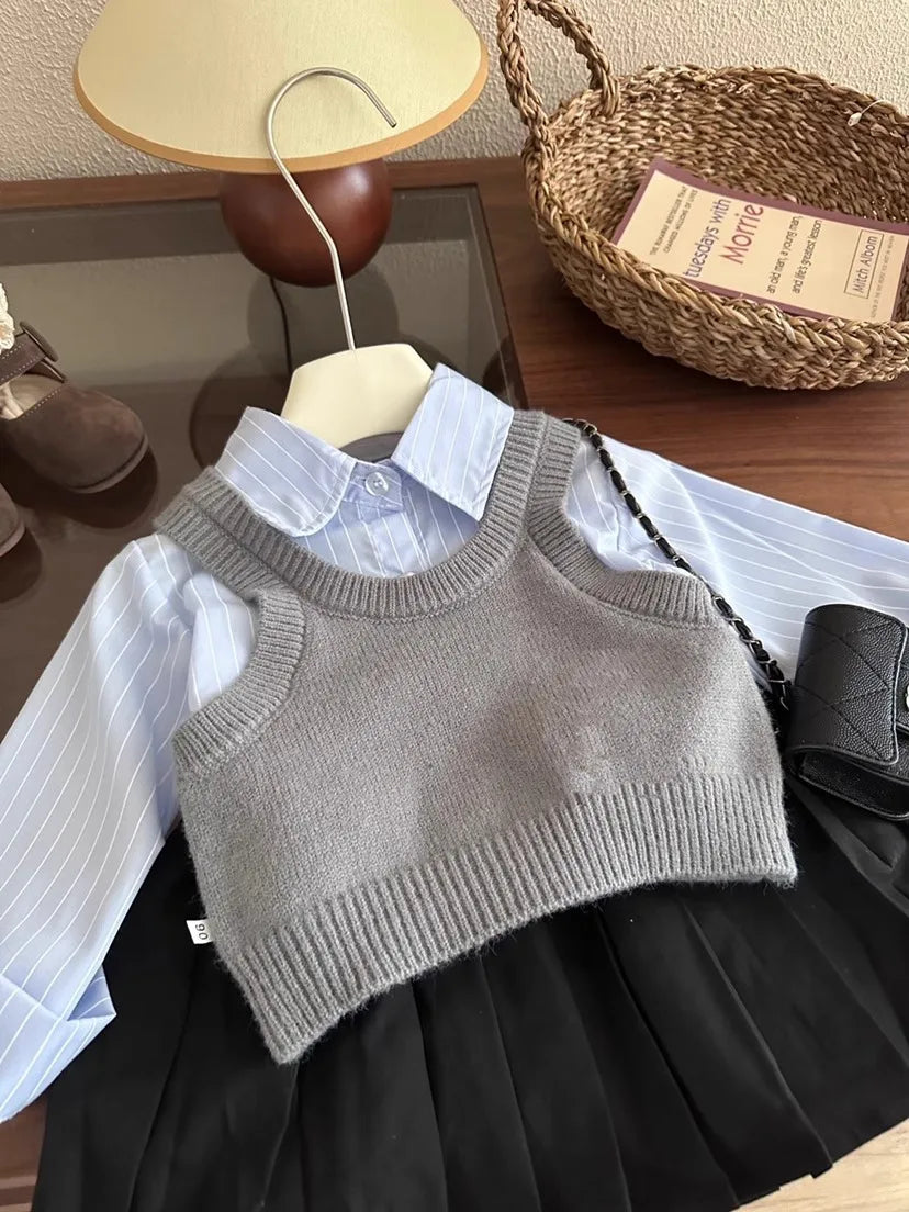 Girl Suit Korean Version of Baby Girl Autumn Knitted Vest Vest Blue Striped Shirt Pleated Skirt Three-piece Set Fashion