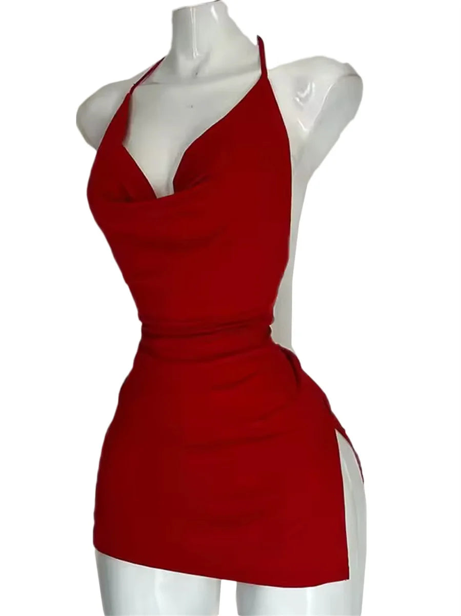 2025 New V Neck Backless Side Slit Sexy Slim Camisole Dress Summer Female Elegant Lace Up Dresses Ladies Beach Tourism Sundress