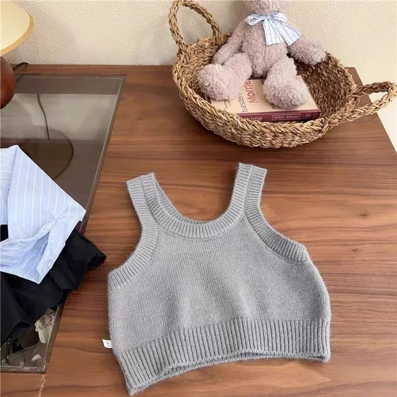 Girl Suit Korean Version of Baby Girl Autumn Knitted Vest Vest Blue Striped Shirt Pleated Skirt Three-piece Set Fashion