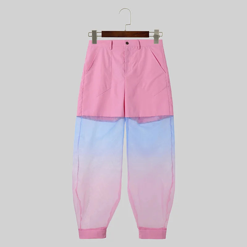 INCERUN 2024 American Style Trousers Mens Fashion Fake Two-piece Tie Dyed Pants Casual Clubwear Male Personality Pantalons S-5XL