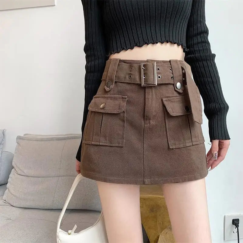 Cargo Mini Denim Skirts Women Multi Pockets Streetwear Personal Cool Teens Youth European Hipsters High Waisted Designer Skirt