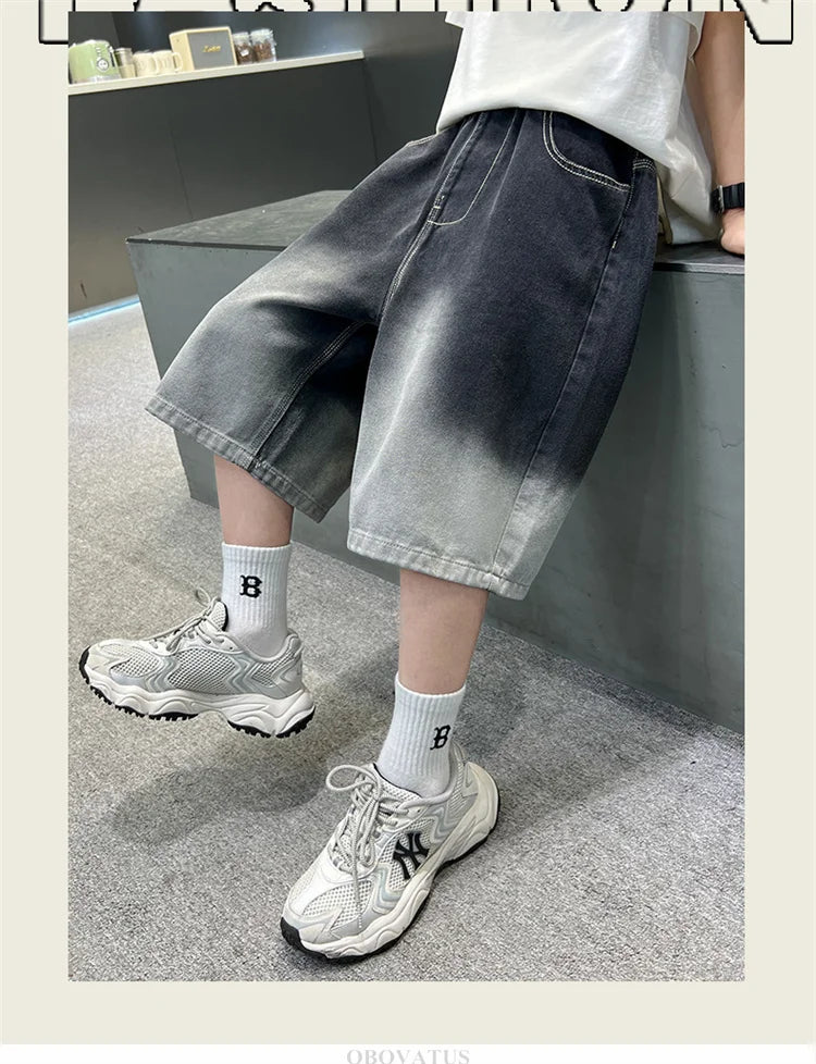 2025 New Summer Kids Designer Gradient Black Denim Shorts Tweens Boy Casual Straight Jeans Shorts For Child Age 5 6 8 10 12 14 T